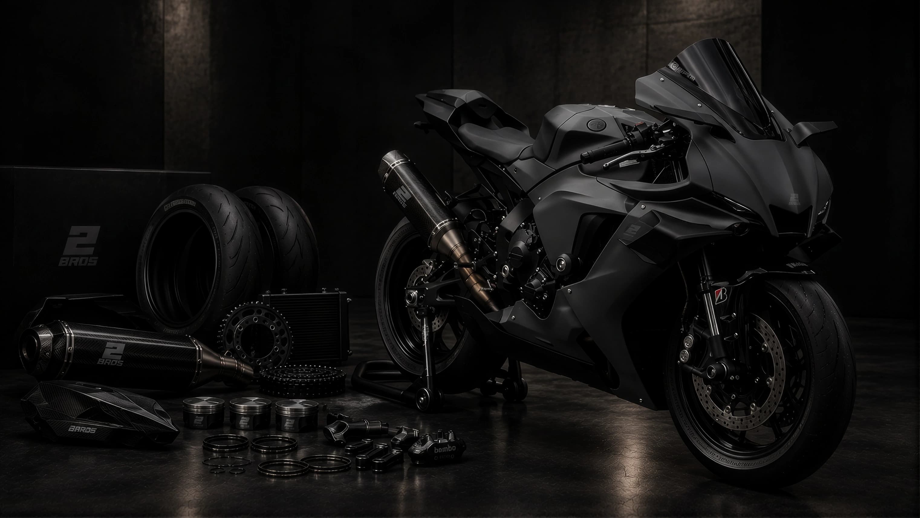 Black sportsbike with 2Bros exhaust, pistons, sprockets and tyres in a dark workshop