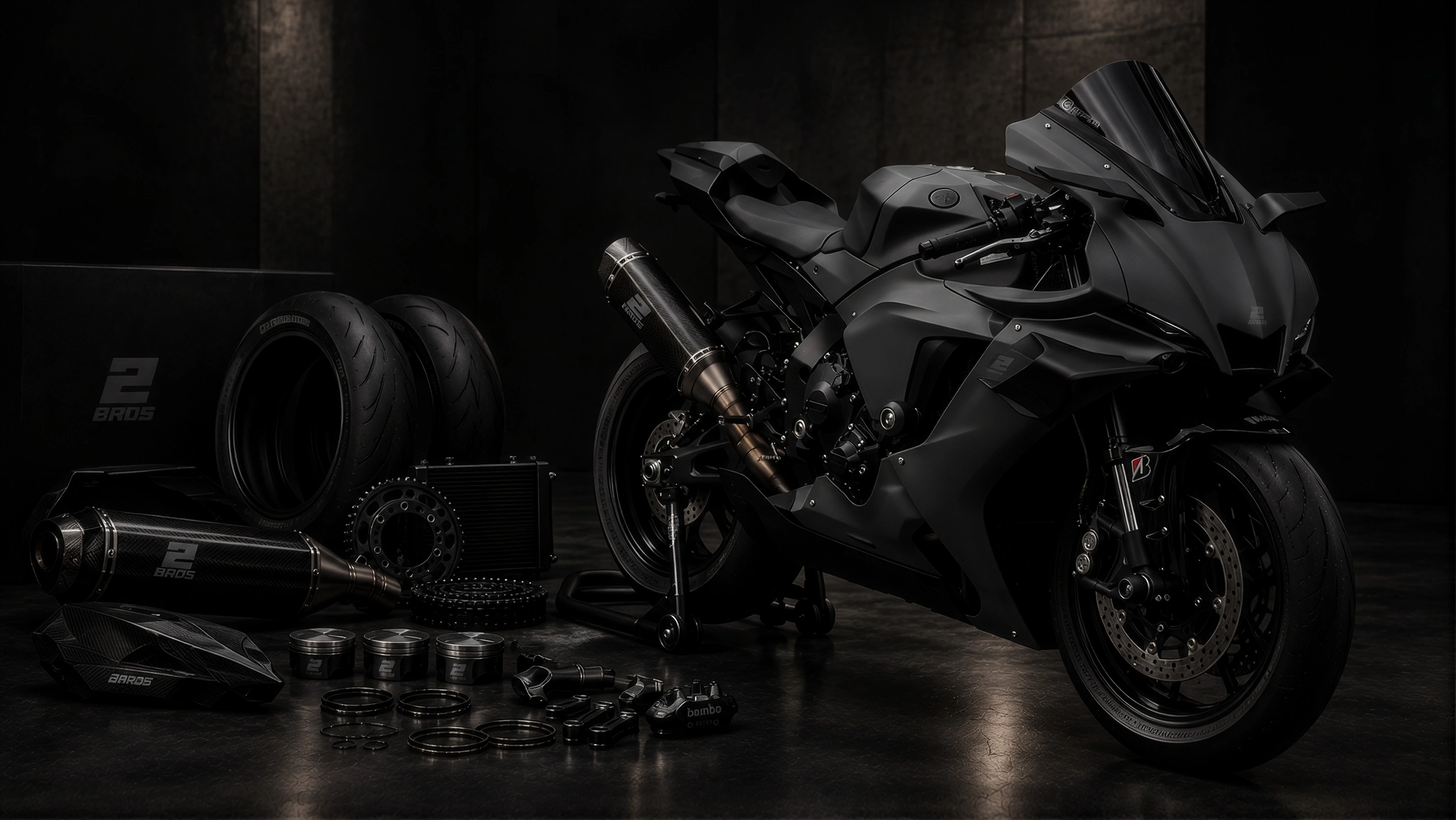 Black sportsbike with 2Bros exhaust, pistons, sprockets and tyres in a dark workshop